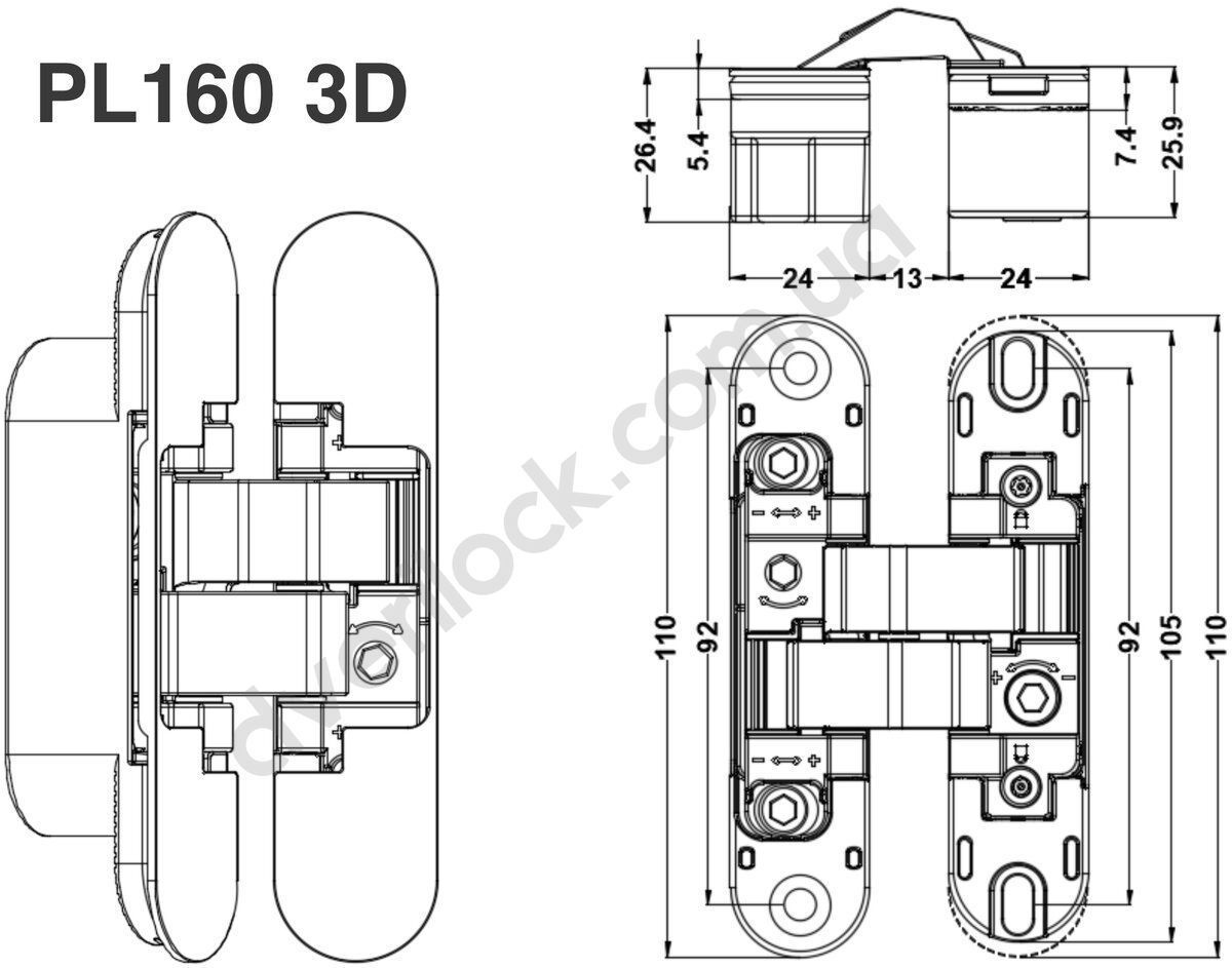 Скрытая петля PL160 3D-24х110 мм, матовый хром SC  Дверные петли