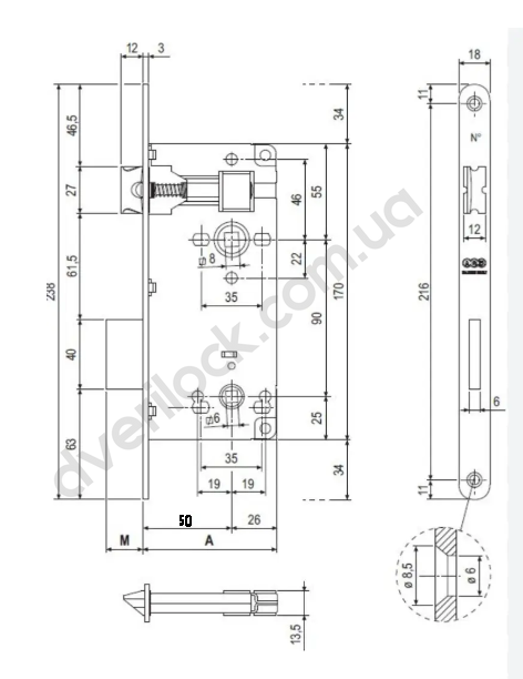 AGB Замок врезной Patent Grande 90/50 WC латунь  Межкомнатные замки