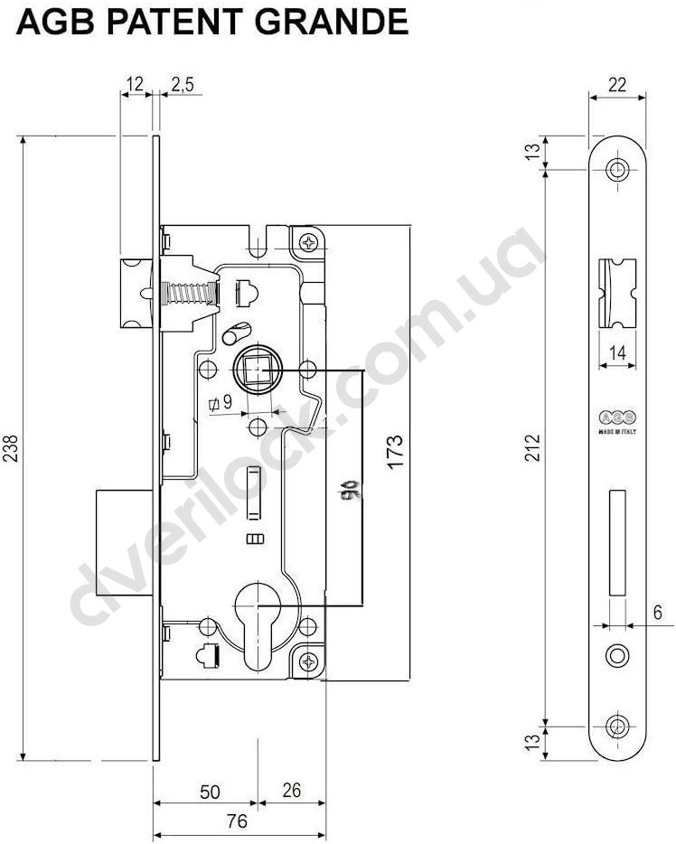 Механизм AGB Patent Grande 90/50 PZ  латунь  Межкомнатные замки