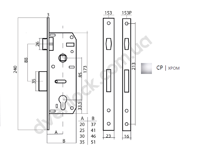 CLASS Корпус замка 153P-35 (16mm)  Корпус врезного замка