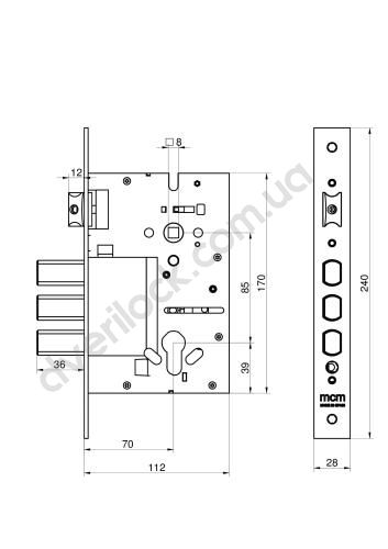 Замок врізний MCM 801M 85/70 PZ 3-риг.(без броненакладки) латунь Корпус врізного замка